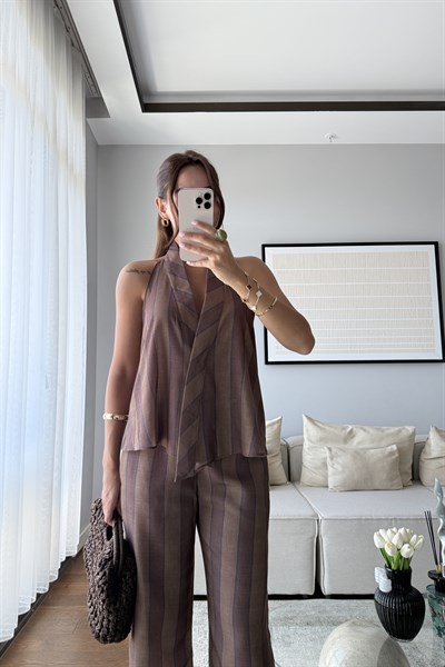KETEN ÇİZGİLİ GENİŞ PAÇA PANTOLON