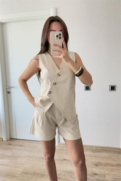 KETEN DÜĞMELİ ŞORT TAKIM BEJ 