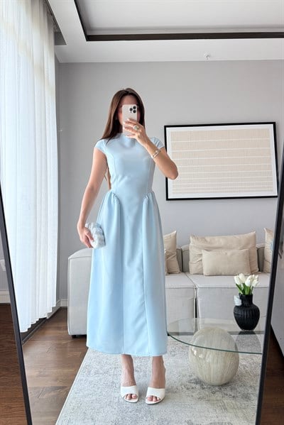 KUŞAK DETAYLI UZUN ELBİSE-MAVİ
