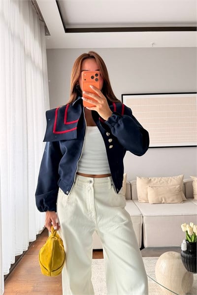 LACİVERT BORDO ÇİZGİLİ TRENÇ CEKET