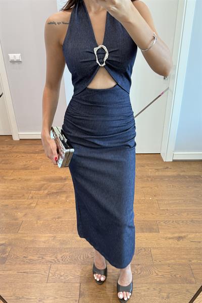 LACİVERT PENCERE DETAYLI DENİM ELBİSE