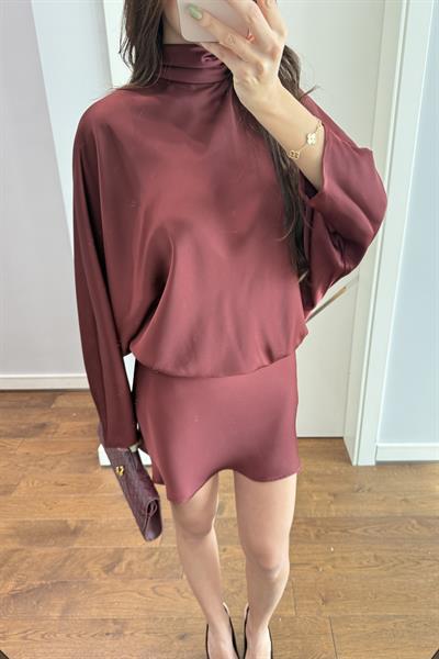 MARKA MODEL SATEN BAĞLAMALI ELBİSE-BORDO