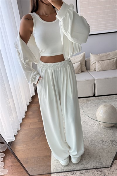 MODAL KUMAŞ KAPÜŞONLU CROP 3LÜ TAKIM-BEYAZ