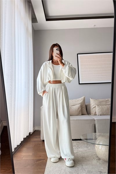 MODAL KUMAŞ KAPÜŞONLU CROP 3LÜ TAKIM-BEYAZ