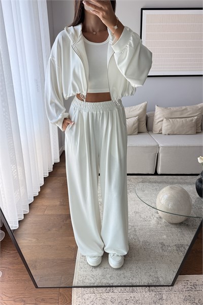 MODAL KUMAŞ KAPÜŞONLU CROP 3LÜ TAKIM-BEYAZ