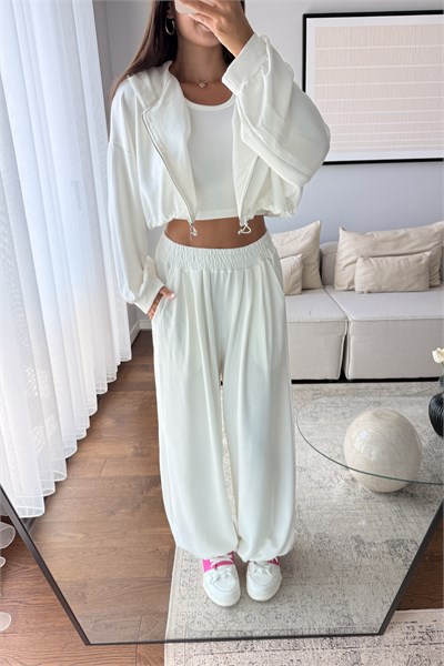 MODAL KUMAŞ KAPÜŞONLU CROP 3LÜ TAKIM-BEYAZ