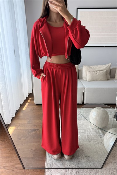MODAL KUMAŞ KAPÜŞONLU CROP 3LÜ TAKIM-KIRMIZI