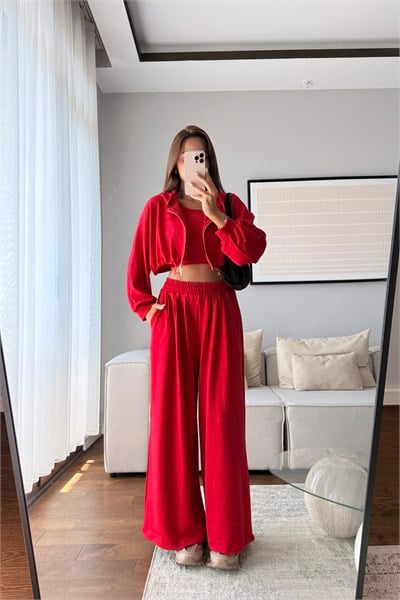 MODAL KUMAŞ KAPÜŞONLU CROP 3LÜ TAKIM-KIRMIZI