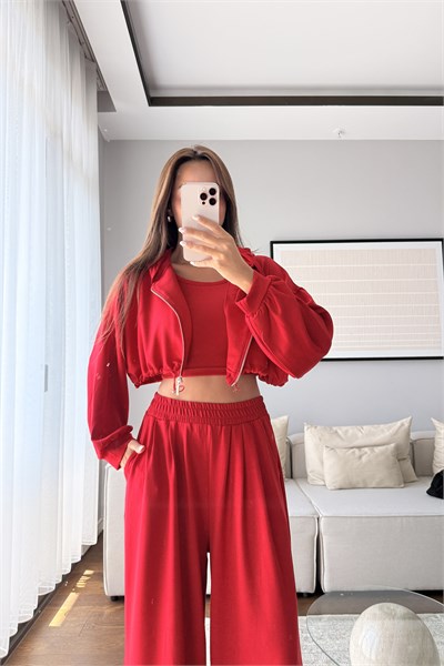 MODAL KUMAŞ KAPÜŞONLU CROP 3LÜ TAKIM-KIRMIZI
