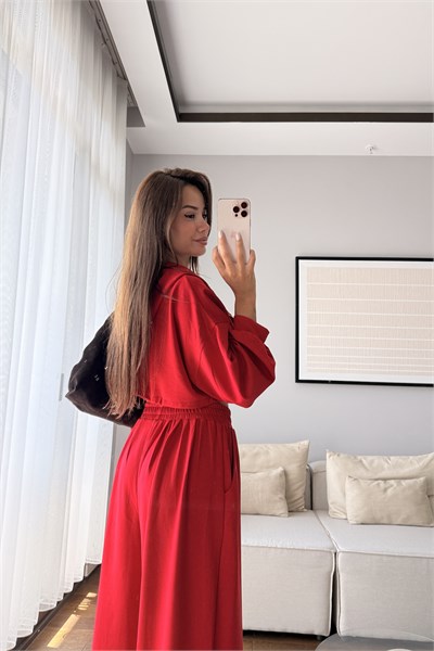 MODAL KUMAŞ KAPÜŞONLU CROP 3LÜ TAKIM-KIRMIZI