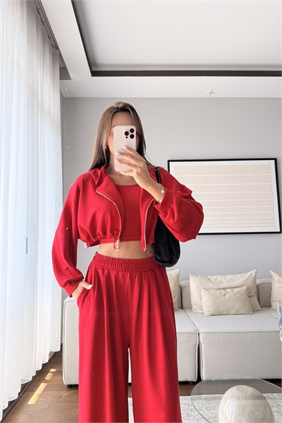 MODAL KUMAŞ KAPÜŞONLU CROP 3LÜ TAKIM-KIRMIZI