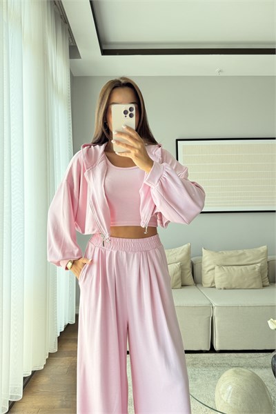 MODAL KUMAŞ KAPÜŞONLU CROP 3LÜ TAKIM-PEMBE