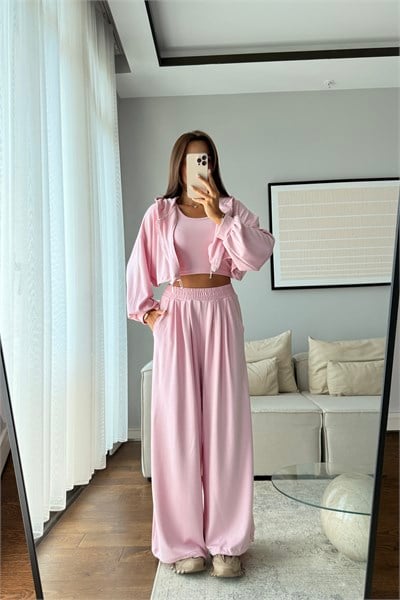 MODAL KUMAŞ KAPÜŞONLU CROP 3LÜ TAKIM-PEMBE