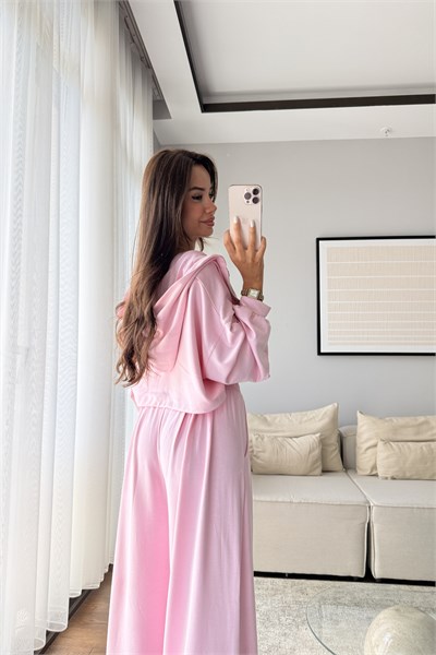 MODAL KUMAŞ KAPÜŞONLU CROP 3LÜ TAKIM-PEMBE