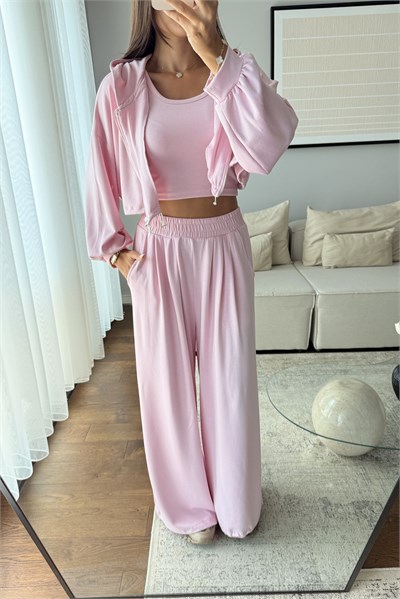MODAL KUMAŞ KAPÜŞONLU CROP 3LÜ TAKIM-PEMBE