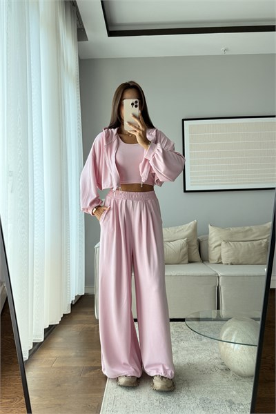MODAL KUMAŞ KAPÜŞONLU CROP 3LÜ TAKIM-PEMBE