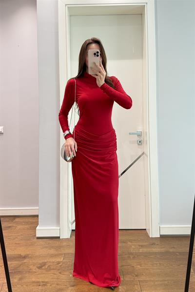 MUADİL BALIKÇI YAKA  MAXİ ELBİSE-KIRMIZI