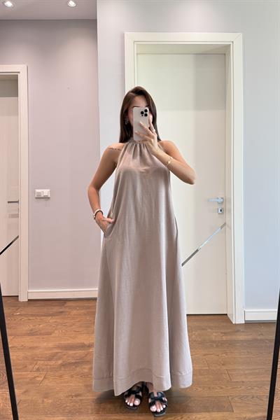 MUADİL HALTER YAKA ELBİSE-VİZON