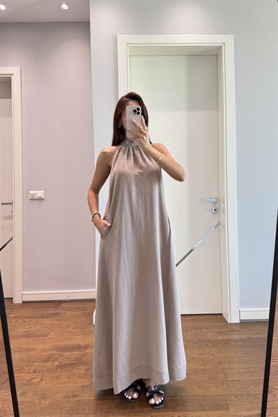 MUADİL HALTER YAKA ELBİSE-VİZON