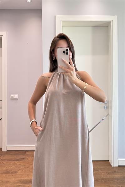 MUADİL HALTER YAKA ELBİSE-VİZON