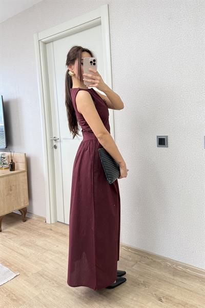 ÖNDEN FERMUAR DETAYLI BORDO ELBİSE