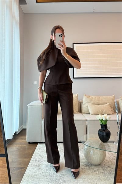 PELERİN BLUZ PANTOLON TAKIM-ACI KAHVE