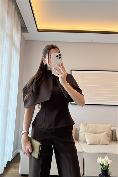 PELERİN BLUZ PANTOLON TAKIM-ACI KAHVE