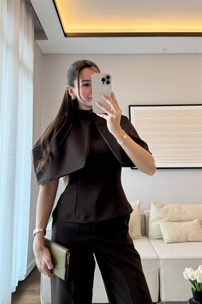 PELERİN BLUZ PANTOLON TAKIM-ACI KAHVE