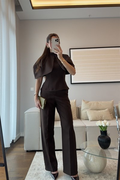 PELERİN BLUZ PANTOLON TAKIM-ACI KAHVE