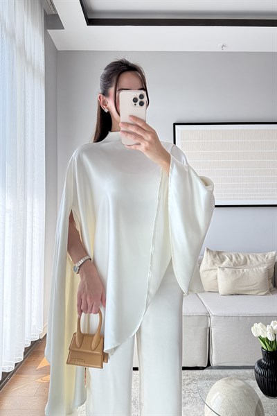 PELERİN BLUZ SATEN PANTOLON TAKIM-EKRU