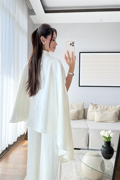 PELERİN BLUZ SATEN PANTOLON TAKIM-EKRU