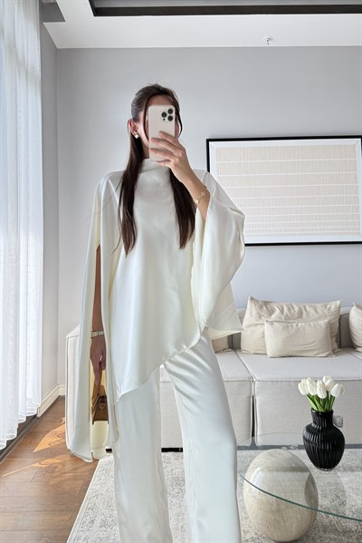 PELERİN BLUZ SATEN PANTOLON TAKIM-EKRU