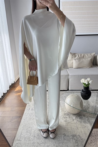 PELERİN BLUZ SATEN PANTOLON TAKIM-EKRU