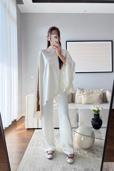 PELERİN BLUZ SATEN PANTOLON TAKIM-EKRU