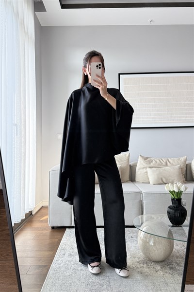 PELERİN BLUZ SATEN PANTOLON TAKIM-SİYAH