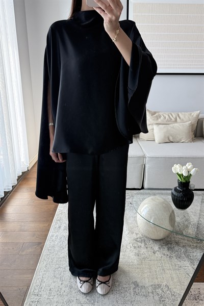 PELERİN BLUZ SATEN PANTOLON TAKIM-SİYAH