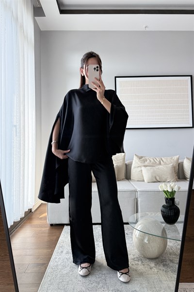 PELERİN BLUZ SATEN PANTOLON TAKIM-SİYAH