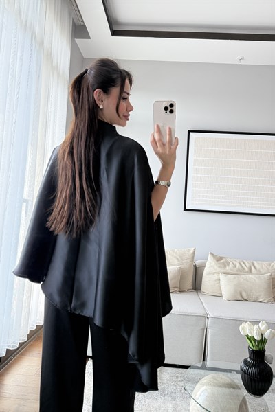 PELERİN BLUZ SATEN PANTOLON TAKIM-SİYAH