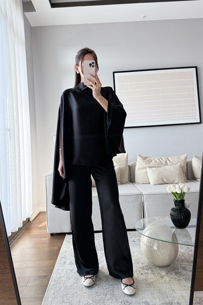 PELERİN BLUZ SATEN PANTOLON TAKIM-SİYAH