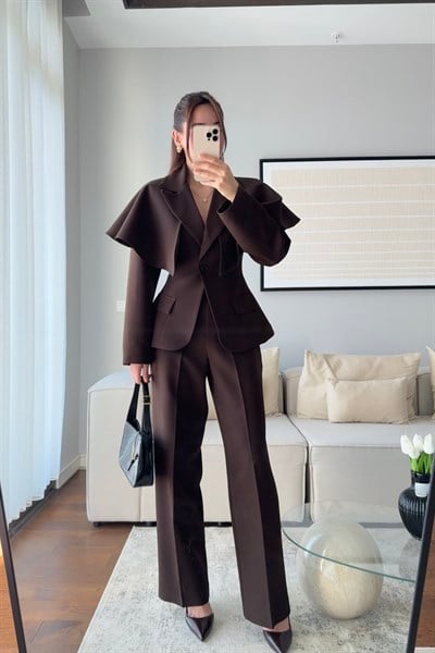 PELERİN CEKET PANTOLON TAKIM-KAHVERENGİ