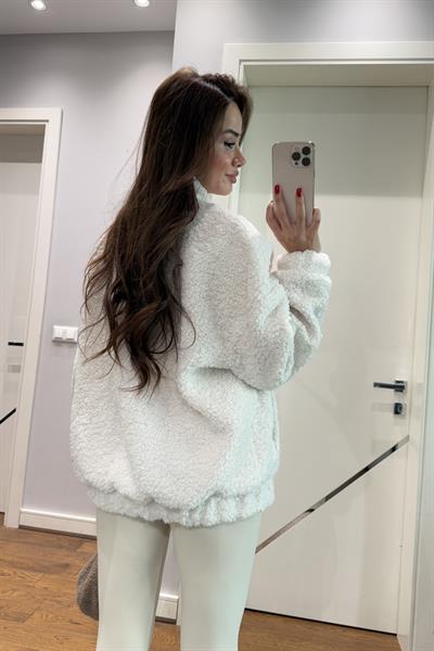 PELUŞ DÜĞMELİ BOMBER CEKET-EKRU