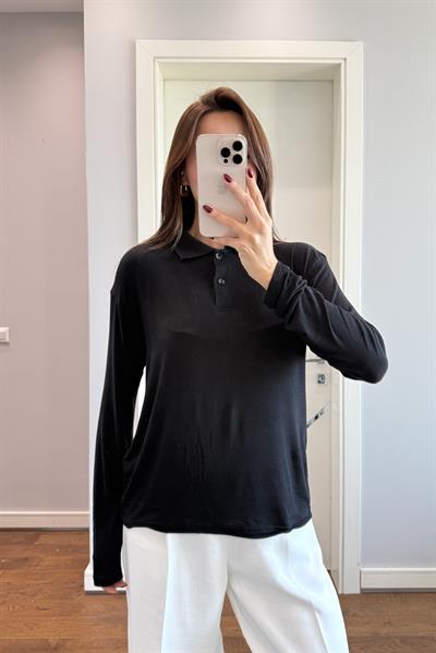 POLO YAKA  TRANSPARAN BLUZ -SİYAH