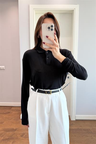 POLO YAKA  TRANSPARAN BLUZ -SİYAH