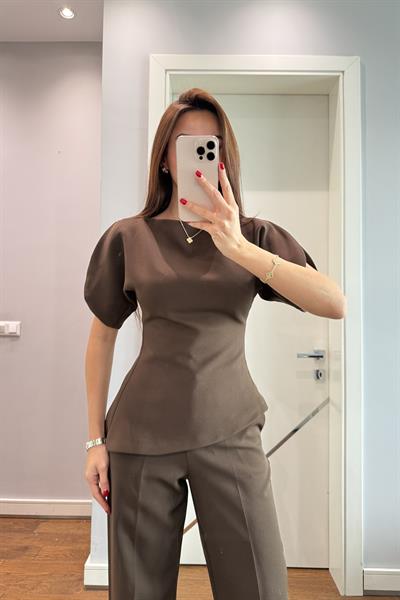 PREMİUM BALON KOL BLUZ PANTOLON TAKIM-KAHVE