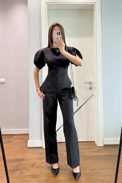 PREMİUM BALON KOL BLUZ  PANTOLON TAKIM-SİYAH