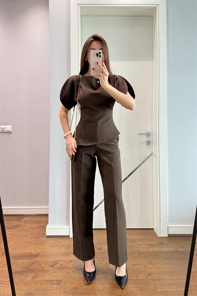PREMİUM BALON KOL BLUZ PANTOLON TAKIM-KAHVE
