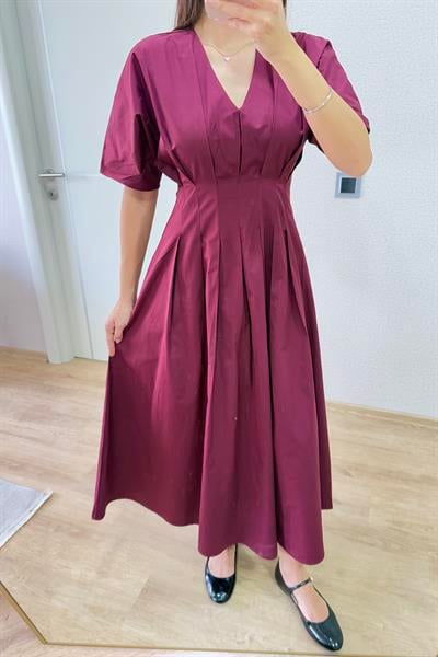 PREMİUM BELDEN OTURAN POPLİN BORDO ELBİSE