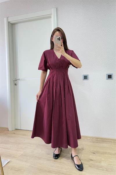PREMİUM BELDEN OTURAN POPLİN BORDO ELBİSE