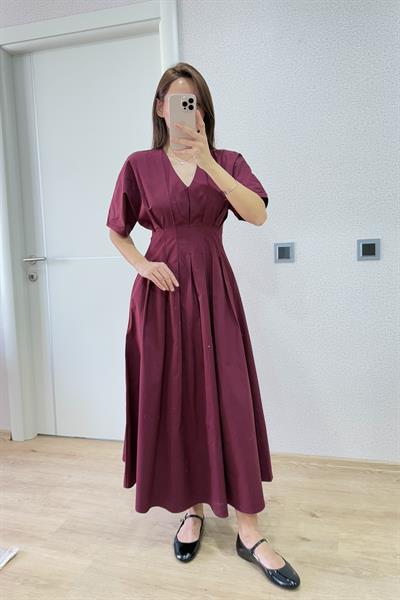 PREMİUM BELDEN OTURAN POPLİN BORDO ELBİSE