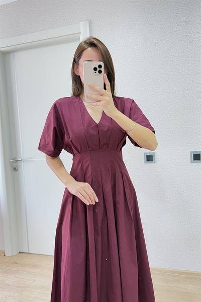 PREMİUM BELDEN OTURAN POPLİN BORDO ELBİSE